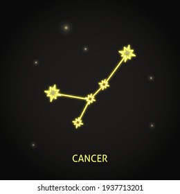 Neon Cancer zodiac sign on dark background. Shining constellation in the night sky. Vector illustration.