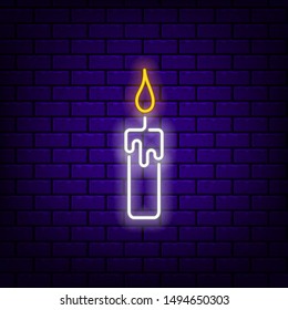 Neon candle icon on dark brick background. Editable stroke and blend. Vector illustration.
