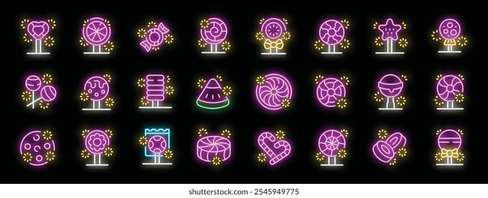 Neon candy icons glowing, featuring various shapes and colors, perfect for sweet and vibrant designs