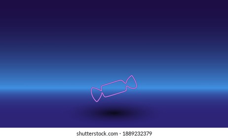 Símbolo de caramelo neón sobre fondo azul gradiente. El símbolo aislado está situado en el centro inferior. Azul degradado con horizonte azul claro
