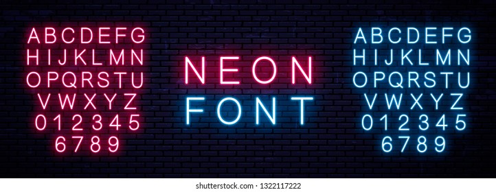 Neon capital Letters and numbers, blue and red. Glowing English font. Vector neon alphabet on wall background.