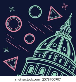 Neon Capitol Dome with Geometric Shapes and Dark Background vector Illustraton