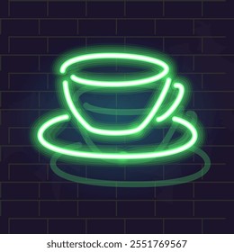 Neon cappuccino coffee in cup. Isolated illustration on brick wall background.