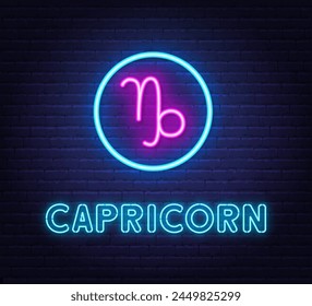 Neon Capricorn Sign on brick wall background.