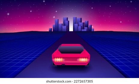 Carro de neón en los años 80, carreras de sintonización a la ciudad. Ilustración automática retrowave con neón auto brillante en la ruta panorámica de la cuadrícula en el estilo de juego arcade de los años 90.