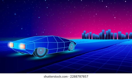 Neon car in 80s synthwave style racing to the city. Retrowave auto illustration with shiny neon car on the grid landscape road in 90s arcade game style