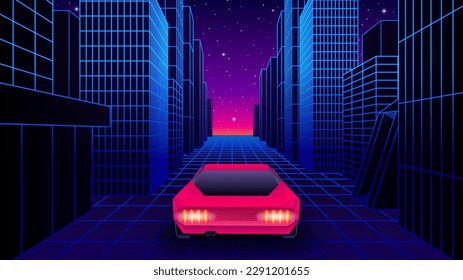 Neon car in 80s synthwave style racing throug the city street. Retrowave auto illustration with shiny neon car on the grid landscape road in 90s arcade game style.