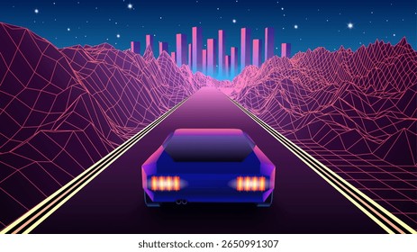 Neon car in 80s synthwave style racing to the city through mountain canyon. Retrowave auto illustration with car on the grid landscape road, in 90s arcade game style.