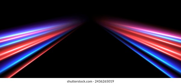 Neon car lights in motion, dynamic slow shutter speed effect. Abstract luminescent lines. Vector illustration.