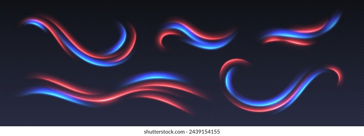 Neon car lights in motion, dynamic slow shutter speed effect. Abstract luminescent lines. Vector illustration.