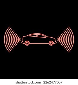 Neon car radio signals sensor smart technology autopilot front and back direction red color vector illustration image flat style light