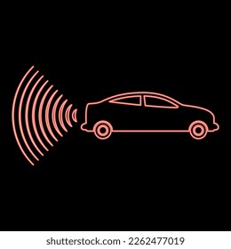 Neon car radio signals sensor smart technology autopilot back direction red color vector illustration image flat style light