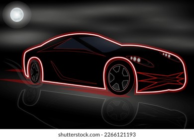 Neon car rides in the night. Moonlit night. Road in the fog