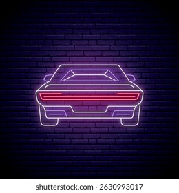 Neon car sign. Glowing retro sport car icon on dark brick wall background. Nigh light banner. Stock vector illustration.