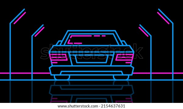 Neon car stands on the\
night road in 80s style. Outline retro illustration on black\
background.
