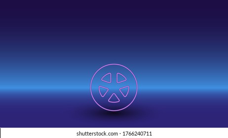 Neon car wheel symbol on a gradient blue background. The isolated symbol is located in the bottom center. Gradient blue with light blue skyline