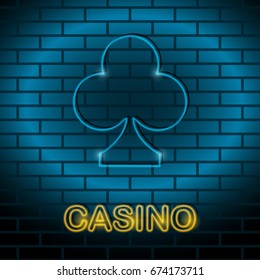 Neon card suit Vector illustration Neon lamp for casino in the form of clubs card suit on a brick wall Lamp in form of clubs card with blue lighting