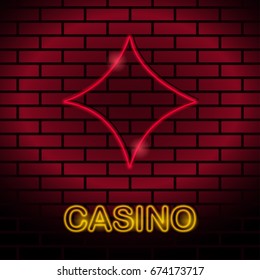 Neon card suit Vector illustration Neon lamp for casino in the form of diamonds card suit on a brick wall Lamp in form of diamonds card with red lighting