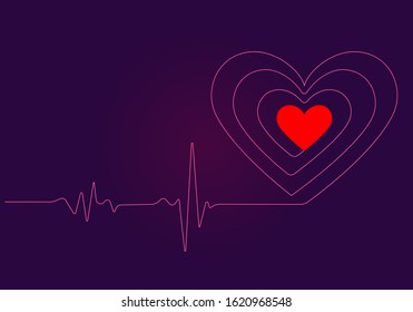 Neon cardiogram of heartbeat transforms into heart shape. Vector illustration
