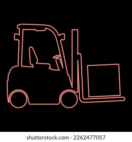 Neon cargo loading machine forklift truck for lifting box goods in warehouse fork lift loader freight red color vector illustration image flat style light