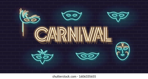 Neon carnival typography with masks icon set. Glowing isolated vector icons on brick wall background with fluorescent text for carnival poster, banner, advertisement, logo.