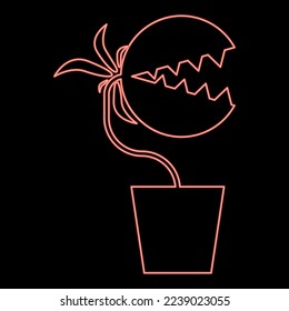Neon carnivorous plant Flytrap Monster with teeths in pot red color vector illustration image flat style light
