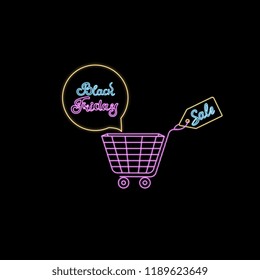 Neon cart for shopping with speech babel. Black Friday hand drawn text. Template design for discount, voucher, banner and seasonal sales.