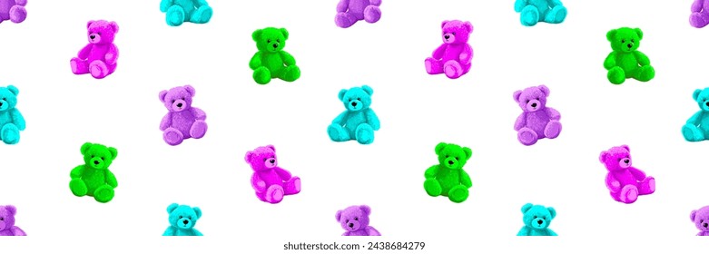 Fondo de muñeca de oso de dibujos animados de neón para adolescentes y niños. Juguetes peluches suaves y esponjosos patrón sin fisuras. Pequeños osos de peluche ilustraciones vectoriales en estilo de moda. Ácido magenta cian lime negro colores.