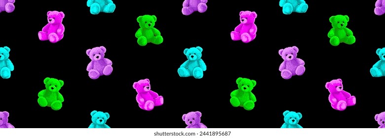 Fondo de muñeca de oso de dibujos animados de neón para adolescentes y niños. Juguetes peluches suaves y esponjosos patrón sin fisuras. Pequeños osos de peluche ilustraciones vectoriales en estilo de moda. Ácido magenta cian lime negro colores.