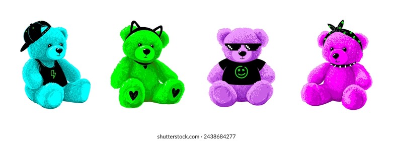 Neon cartoon bear doll set for teens and children. Fluffy soft stuffed toys. Little teddy bears vector illustrations in trendy style isolated on white background. Acid magenta cian lime black colors.