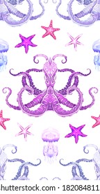 Neon cartoon pattern fluorescent octopus, starfish and jellyfish on white background. Underwater sea world. Ocean dwellers. Vector texture for fabrics, wallpapers and your design.
