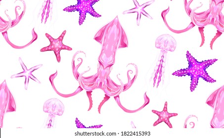 Neon Cartoon Muster fluoreszierende Kalmare, Seesterne und Quallen auf weißem Hintergrund. Unterwasserwelt. Ozeanwohnern. Vektorgrafik für Stoffe, Tapeten und Ihr Design.