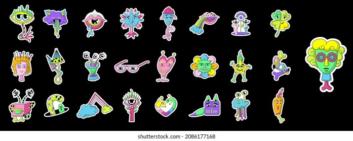 Neon cartoon psychedelic hippie stickers with mushrooms and eyes. Elements of hallucination, heart, skull, eye, emoji and palm, mouth. Neon Hallucination Characters. Neon  Psychedelic hippie stickers