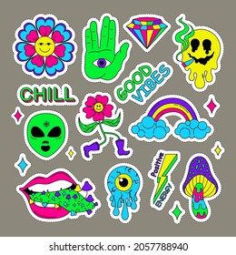 Neon cartoon psychedelic hippy stickers with mushrooms and eyes. Surreal heart, flower, skull emoji symbols vector illustration set. Neon hallucination characters