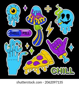 Neon cartoon psychedelic hippy stickers with mushrooms and eyes. Surreal heart, flower, skull emoji symbols vector illustration set.