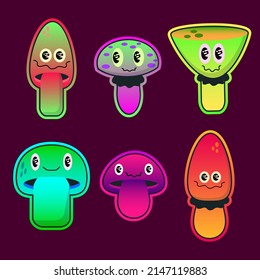 Neon cartoon psychedelic hippy stickers with mushrooms and eyes. Hallucination elements. Groovy vector set EPS