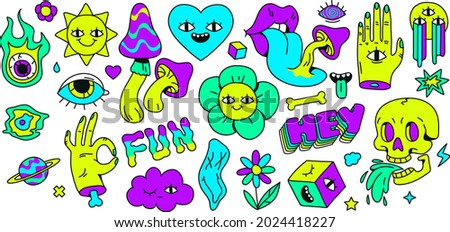 Neon cartoon psychedelic hippy stickers with mushrooms and eyes. Hallucination elements, heart, skull, emoji and ok hand. Groovy vector set of psychedelic and hallucination elements