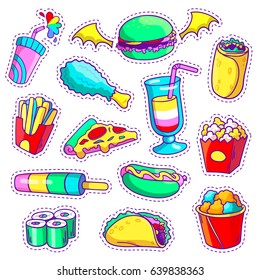 Neon cartoon set of fast food patch badges in pop art style. Vector collection of stickers and pins with meal.