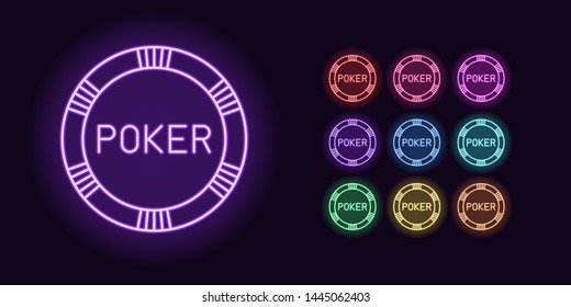 Neon Casino chip icon, Poker game. Set, glowing Poker chip in Neon style with transparent backlight. Vector silhouette, red pink purple violet blue azure green yellow orange color