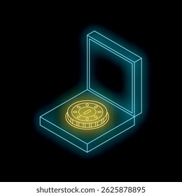 Neon casino chip inside an open box glowing on a dark background, representing gambling and games of chance
