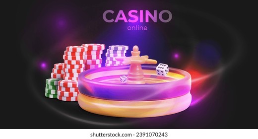 Neon casino concept with roulette, dice, chips. Effect of movement, rotation. Horizontal template on black background. Layout for flyer, header, banner