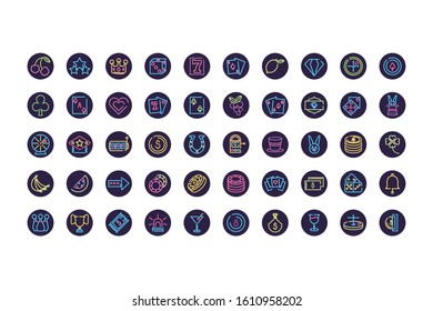 Neon and casino icon set inside black circles design, Decoration advertising light lamp retro glowing art bright and fluorescent theme Vector illustration