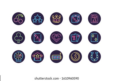 Neon and casino icon set inside black circles design, Decoration advertising light lamp retro glowing art bright and fluorescent theme Vector illustration