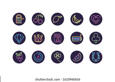 Neon and casino icon set inside black circles design, Decoration advertising light lamp retro glowing art bright and fluorescent theme Vector illustration
