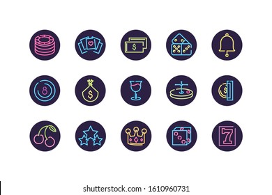 Neon and casino icon set inside black circles design, Decoration advertising light lamp retro glowing art bright and fluorescent theme Vector illustration
