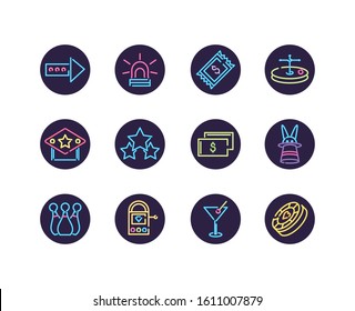 Neon and casino icon set inside black circles design, Decoration advertising light lamp retro glowing art bright and fluorescent theme Vector illustration