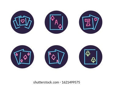 Neon and casino icon set inside black circles design, Decoration advertising light lamp retro glowing art bright and fluorescent theme Vector illustration