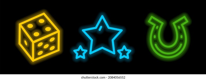 Neon casino icons. A horseshoe with dice. Neon-style templates. Vector illustration in doodle style.
