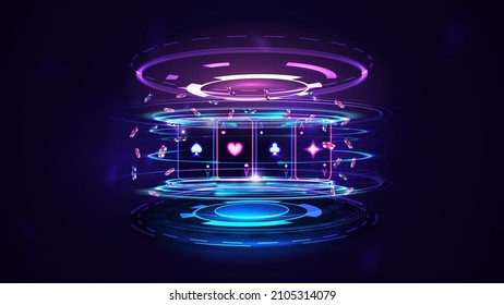 Neon Casino playing cards with poker chips and hologram of digital rings in dark empty scene