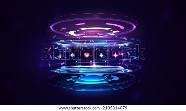 Neon Casino playing cards with poker\
chips and hologram of digital rings in dark empty\
scene